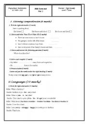 English Worksheet: mid-term test 7th form
