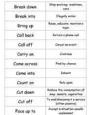 English Worksheet: set of phrasal verb matching cards