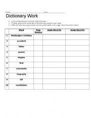 English Worksheet: Dictionary Work George Washington