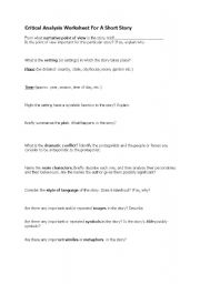 English Worksheet: Critical Analysis Worksheet For A Short Story
