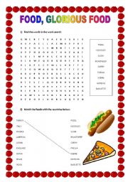 English Worksheet: Food, Glorious Food - Word-search and matching exercise