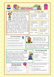 English Worksheet: Birthdays (2 pages, +KEY)