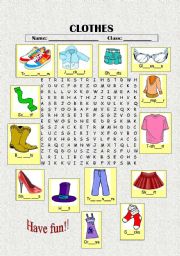 English Worksheet: Clothes wordsearch puzzle