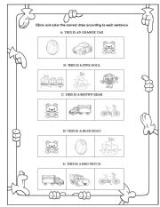 English Worksheet: colors and toys
