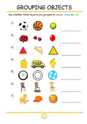 English Worksheet: Grouping Size,Colour, Shape