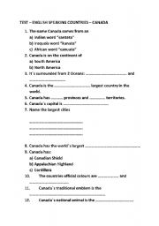 English Worksheet: TEST ABOUT CANADA
