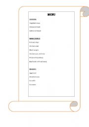 English worksheet: restaurant menu