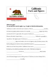 English worksheet: California facts and figures (research task with answer key)