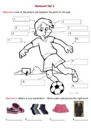 English Worksheet: Vocabulary Test - Body parts, Clothes, Furniture +Key
