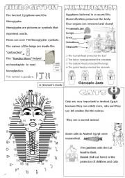 English Worksheet: Hierogliphics - mummification - cats