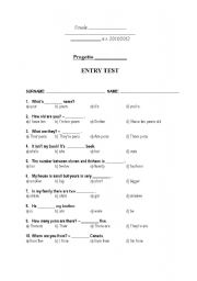 English worksheet: a very quick entry test multiple choice