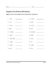 English worksheet: Plural Nouns Worksheet (regular & irregular)