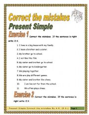 English Worksheet: 32 sentences in Present Simple (correct the common mistakes)
