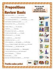 English Worksheet: Prepositions review Basic