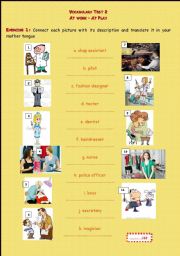 English worksheet: Vocabulary Test _At work - At play + KEY