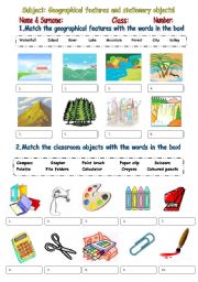 English Worksheet: Geographical features and stationery objects