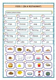 English Worksheet: In a restaurant - FOOD 1, two pages