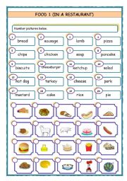 English Worksheet: In a restaurant - FOOD 1, two pages