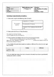 English Worksheet: 1st form 3rd mid term exam