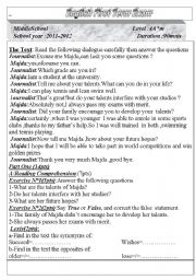 English Worksheet:  Reading   comprehension  test