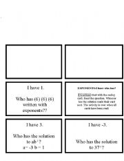 English worksheet: Exponents - I have who has game
