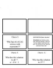 English Worksheet: Exponents - I have who has game