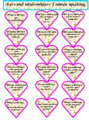 English Worksheet: alentines Day. Love and relationships - Speaking cards. 1 minute.