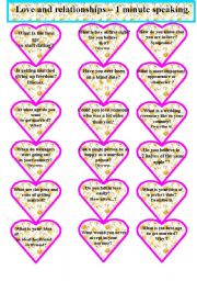 English Worksheet: alentines Day. Love and relationships - Speaking cards. 1 minute.