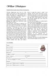 English Worksheet: William Shakespeare + key