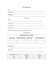English Worksheet: Verb Note page for middle school