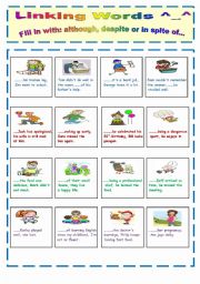 English Worksheet: although, despite & in spite of