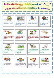 English Worksheet: although, despite & in spite of