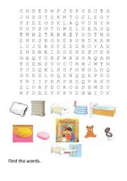 English worksheet: wordsearch with bedroom and bathroom words