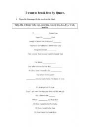 English worksheet: SONG: I WANT TO BREAK FREE  by Queen ( fill in the gap and karaoke)