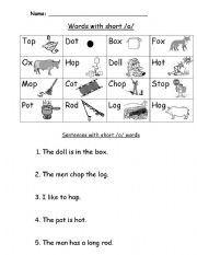 English Worksheet: short /o/