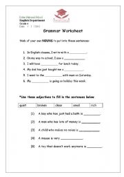 English worksheet: Noun+Adj.+v Worksheet