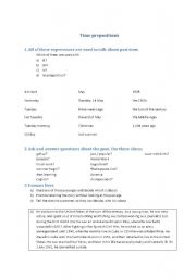 English worksheet: Past tense time prepositions