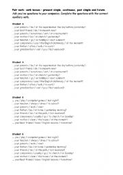 English worksheet: pair work - verb tenses