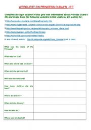 English Worksheet: Webquest on princess Dianas life