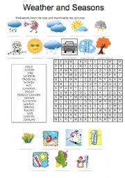 English Worksheet: WEATHER AND SEASONS - wordsearch