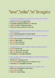 English Worksheet: never, neither....nor, no,........ for negative