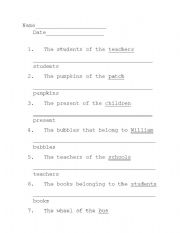 English worksheet: Possessive Nouns