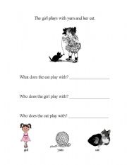 English Worksheet: The girl plays with yarn and her cat.