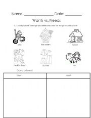 English worksheet: Wants Vs. Needs