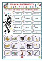 English Worksheet: MUSICAL INSTRUMENTS - MATCH - (plus KEY)