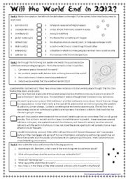 English Worksheet: Will the World End in 2012? - 2012 Mayan Doomsday Prediction