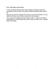 English Worksheet: My School and Friends Unit description for the planning