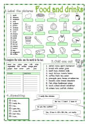 English Worksheet: Food and Drinks - 2 pages + KEY