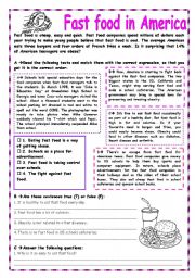 English Worksheet: Fast food in America - 2 pages + KEY