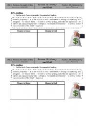 English Worksheet: money and evil